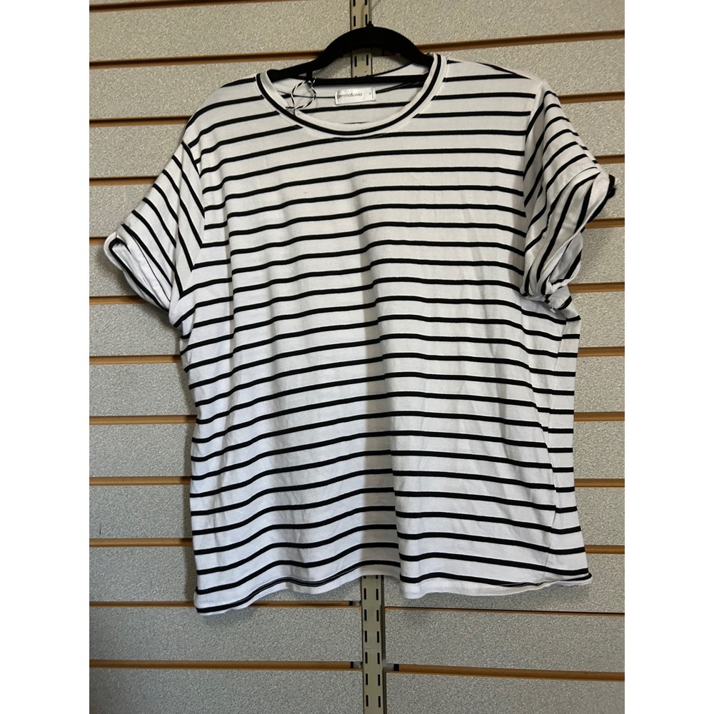 Gemma & Olivia Womens Striped Short Sleeve Cuffed Tee White Black Large Coastal